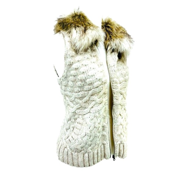 Loft Wool Alpaca Blend Cable Knit Sweater Vest Faux Fur Collar Zip Up Brown S/M* - Picture 6 of 15